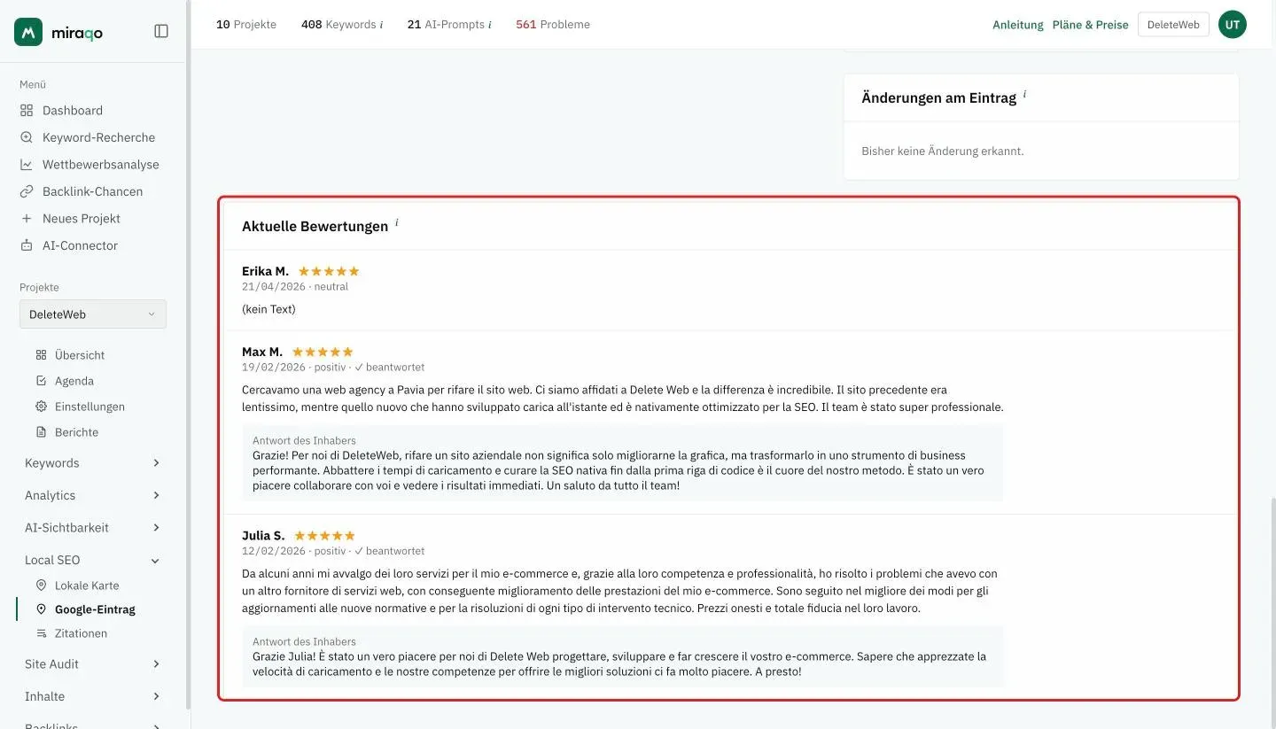 Die hervorgehobene Karte Aktuelle Bewertungen: drei Rezensionen mit Autor, Sternen, Datum und Sentiment, dem Häkchen beantwortet und dem Kasten Antwort des Inhabers