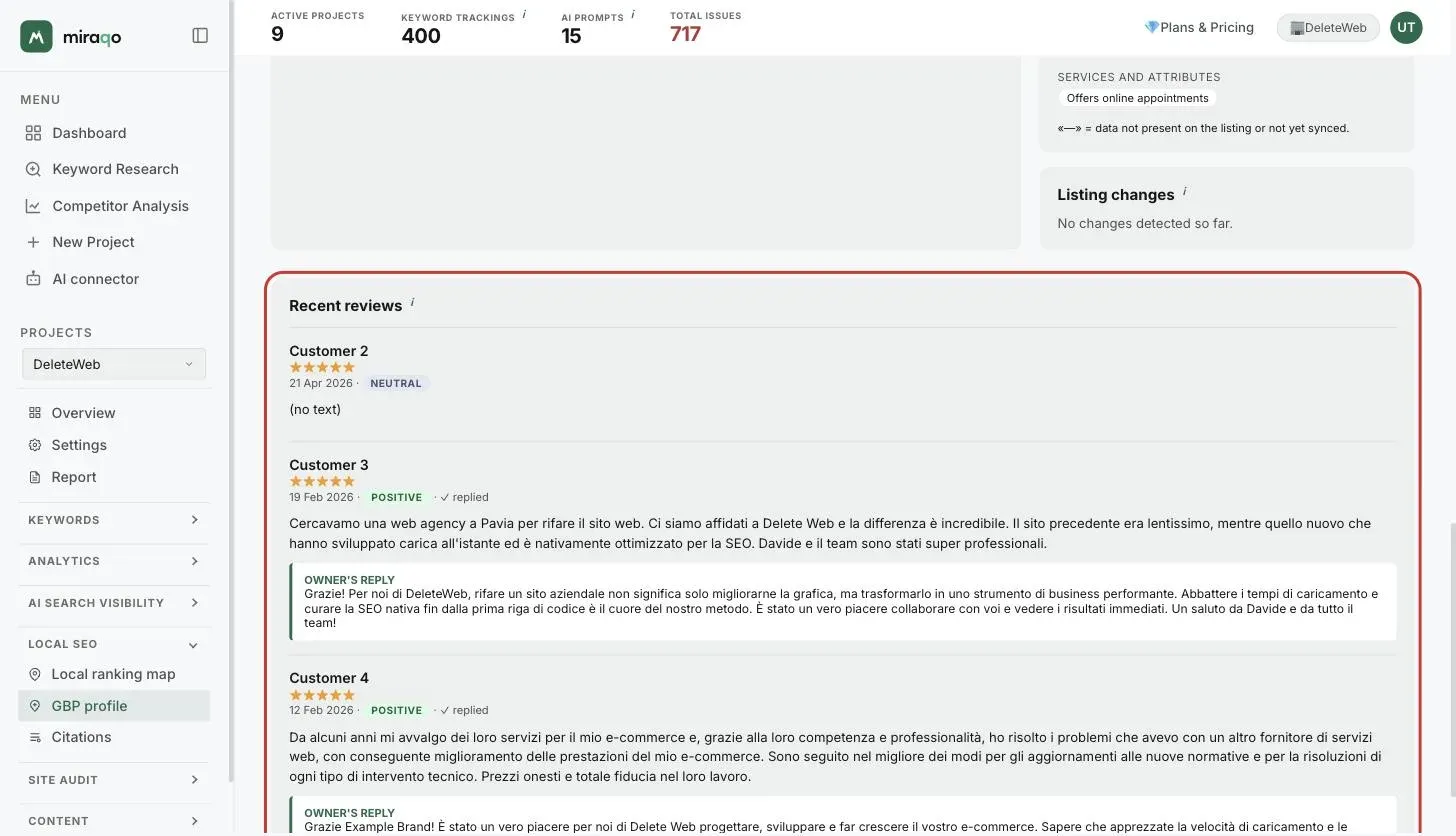 The Recent reviews card, highlighted: reviews with author, stars, date, sentiment badge, replied checkmark and the Owner’s reply block