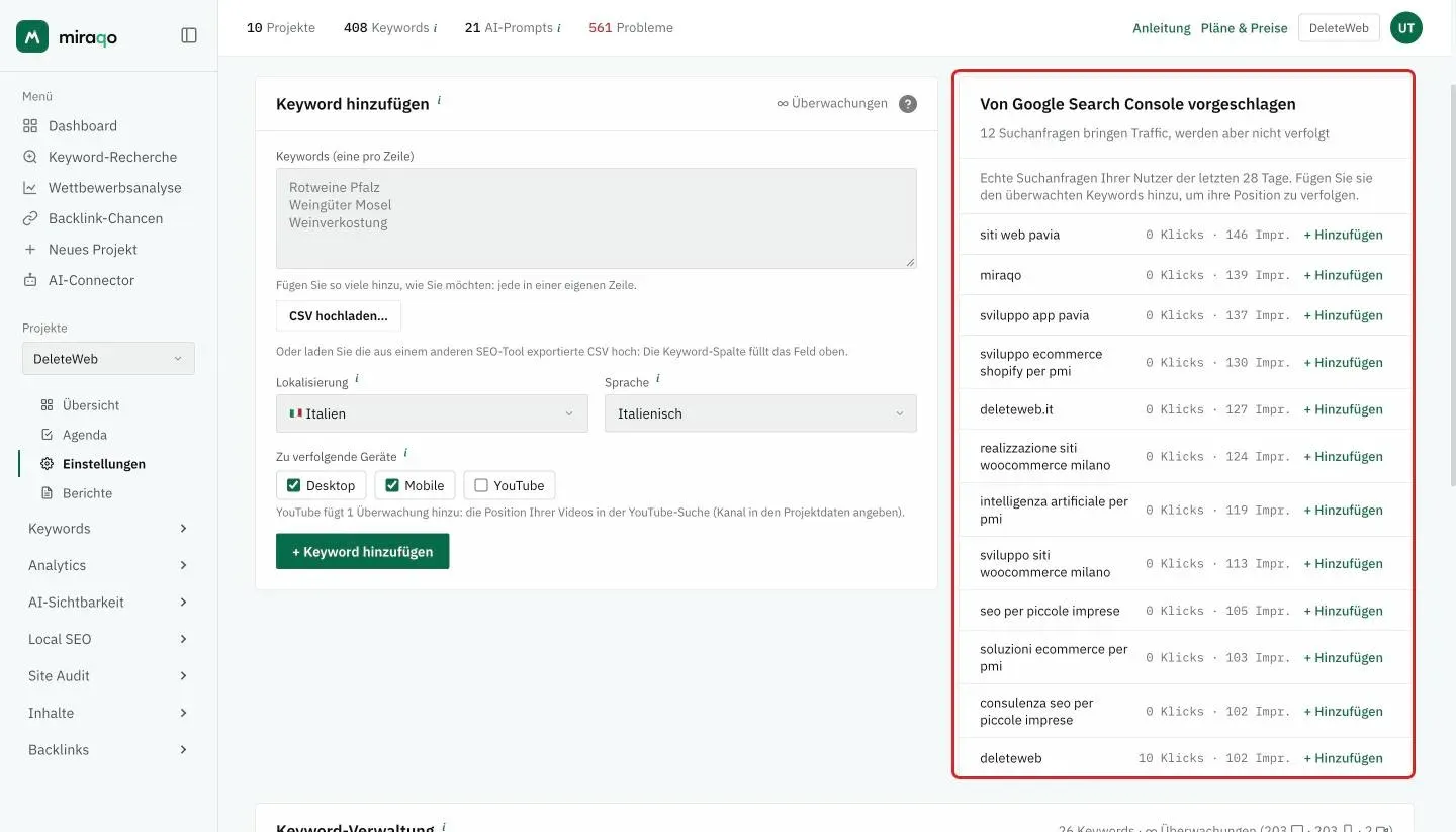 Das Panel Von Google Search Console vorgeschlagen im Tab Keywords der Einstellungen: die Liste der Suchanfragen mit Klicks und Impressionen und dem Button Hinzufügen für jede Zeile