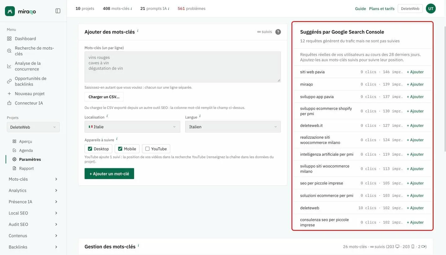 Le panneau « Suggérés par Google Search Console » dans l’onglet Mots-clés des Paramètres : liste des requêtes avec clics et impressions et le bouton Ajouter pour chaque ligne