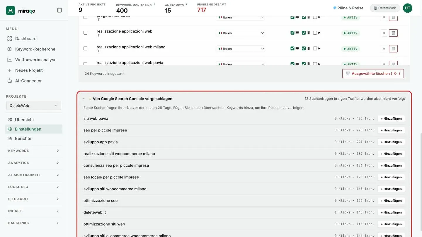 Das Panel Vorgeschlagen von Google Search Console im Tab Keywords der Einstellungen: die Liste der Suchanfragen mit Klicks und Impressionen und dem Button Hinzufügen für jede Zeile