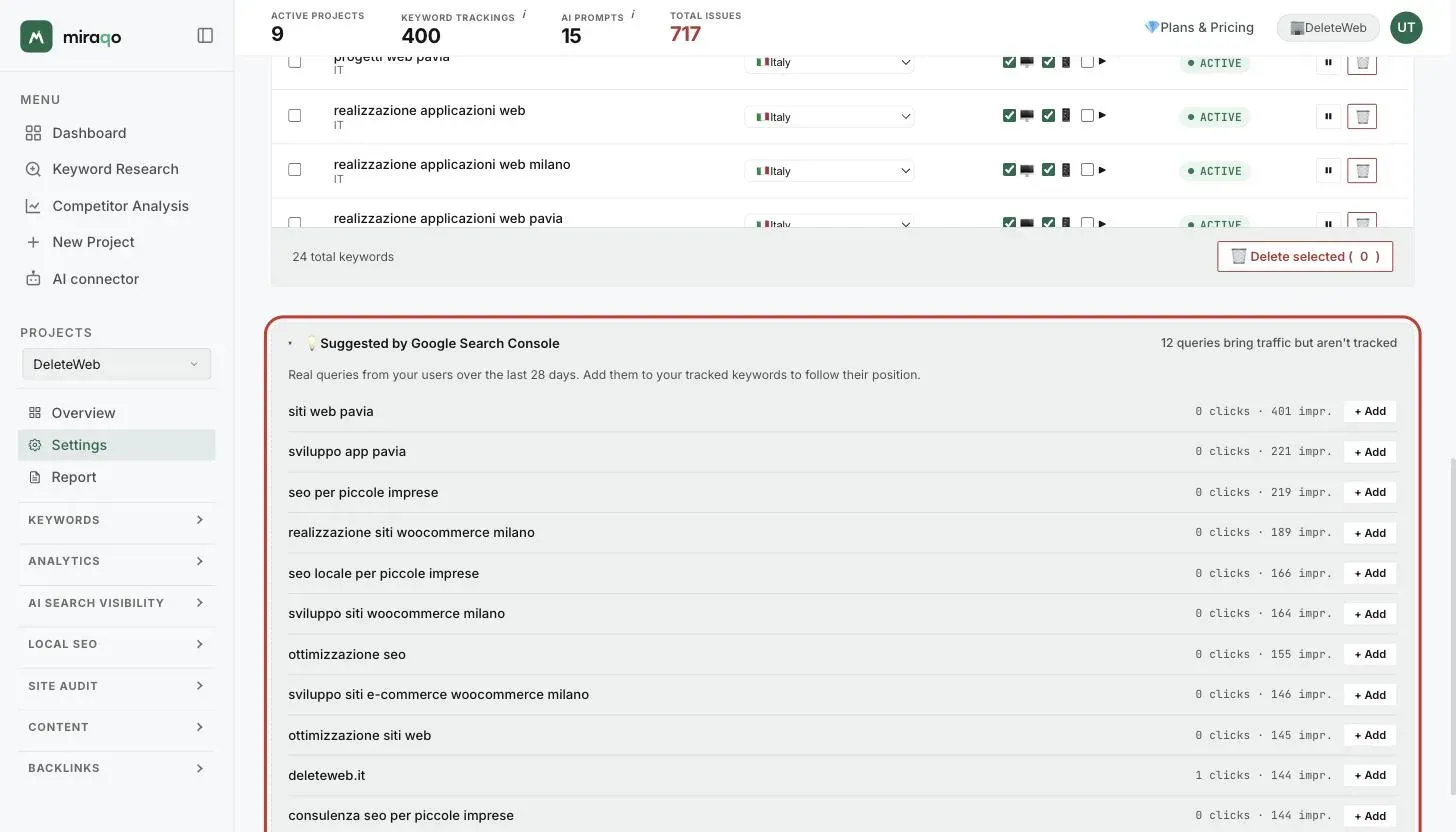 The Suggested by Google Search Console panel in the Settings Keywords tab: the list of queries with clicks and impressions and the Add button on each row