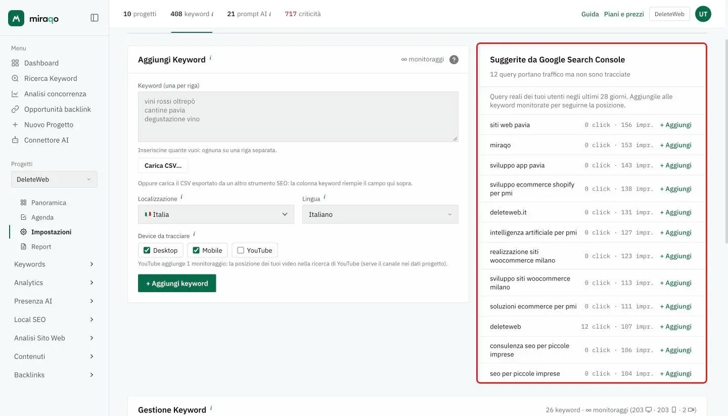 Il pannello Suggerite da Google Search Console nel tab Keywords delle Impostazioni: elenco delle query con click e impressioni e il bottone Aggiungi per ogni riga