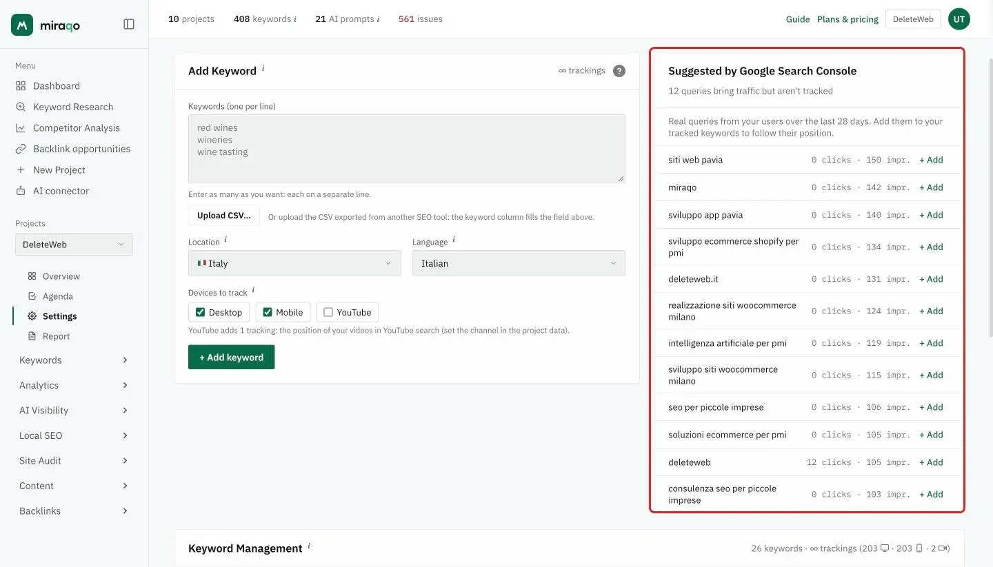 The Suggested by Google Search Console panel in the Settings Keywords tab: the list of queries with clicks and impressions and the Add button on each row