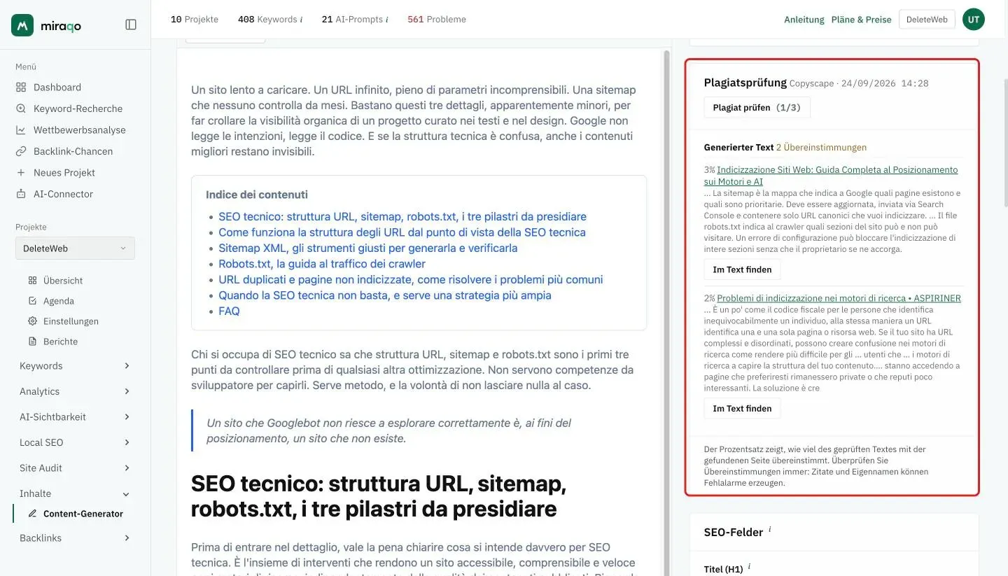 Die hervorgehobene Karte Plagiatsprüfung neben dem Editor: 2 Übereinstimmungen im generierten Text, für jede der Prozentwert (3 % und 2 %), der Titel der gefundenen Seite, der gemeinsame Auszug und der Button Im Text finden; unten der Hinweis, wie die Prozentwerte zu lesen sind