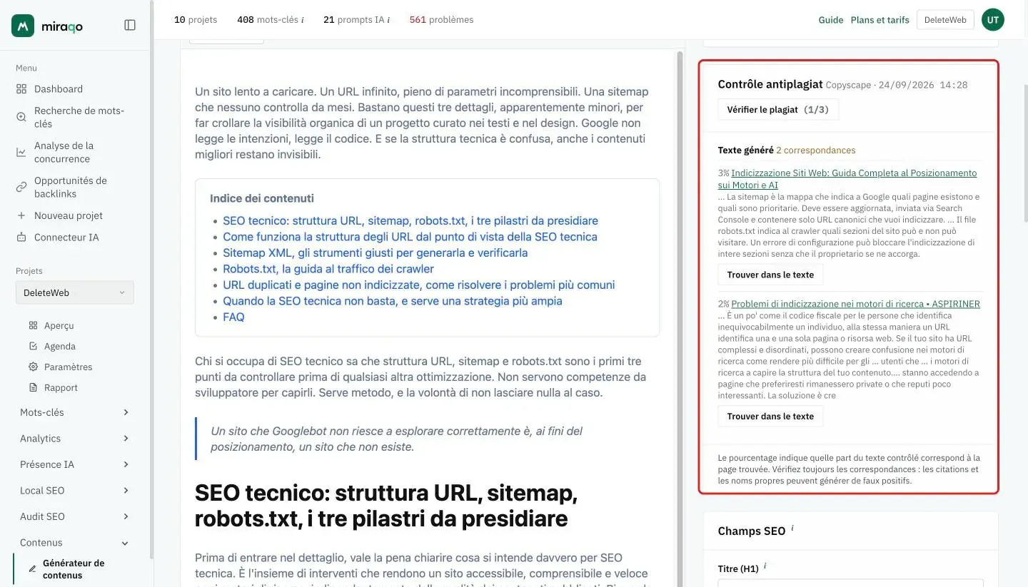 La carte Contrôle antiplagiat mise en valeur à côté de l’éditeur : 2 correspondances sur le texte généré, pour chacune le pourcentage (3 % et 2 %), le titre de la page trouvée, l’extrait commun et le bouton Trouver dans le texte ; en bas la note sur la façon de lire les pourcentages