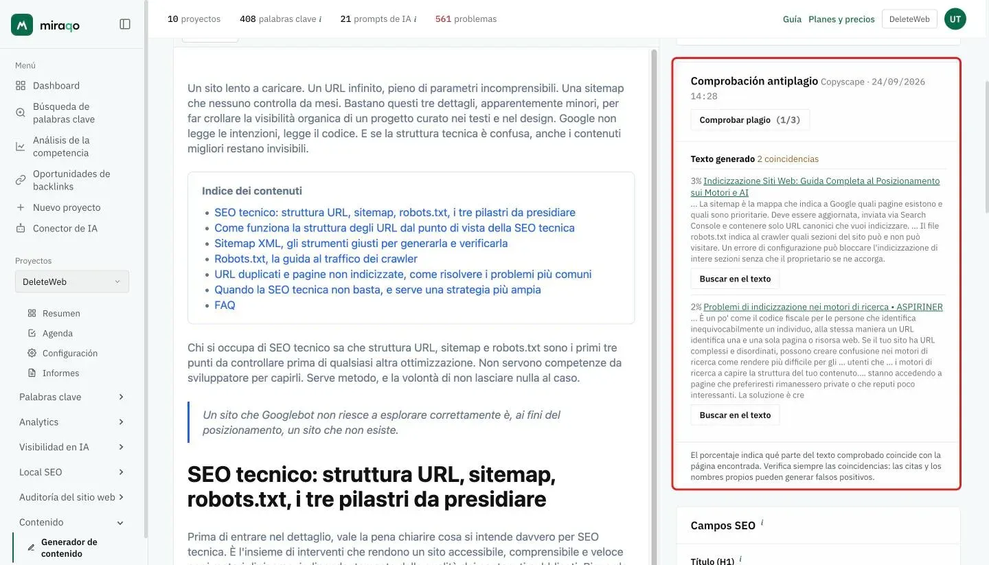 La tarjeta Comprobación antiplagio resaltada junto al editor: 2 coincidencias en el texto generado, para cada una el porcentaje (3 % y 2 %), el título de la página encontrada, el extracto en común y el botón Buscar en el texto; al final la nota sobre cómo leer los porcentajes