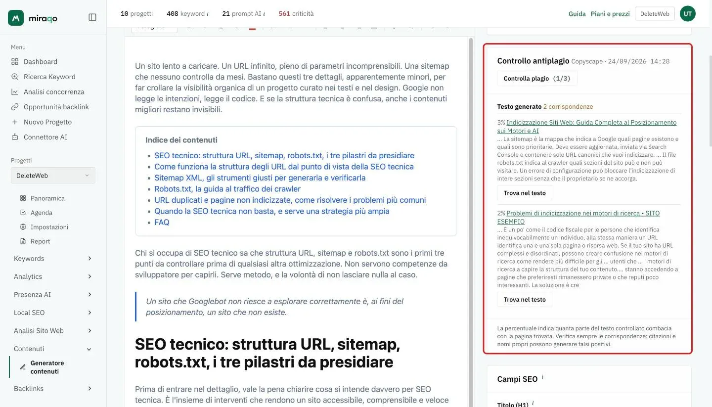La card Controllo antiplagio evidenziata accanto all’editor: 2 corrispondenze sul testo generato, per ciascuna la percentuale (3% e 2%), il titolo della pagina trovata, l’estratto in comune e il pulsante Trova nel testo; in fondo la nota su come leggere le percentuali