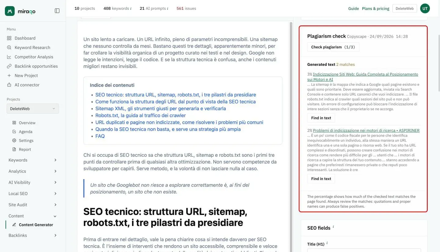 The Plagiarism check card, highlighted next to the editor: 2 matches on the generated text, for each one the percentage (3% and 2%), the title of the page found, the shared excerpt and the Find in text button; at the bottom the note on how to read the percentages