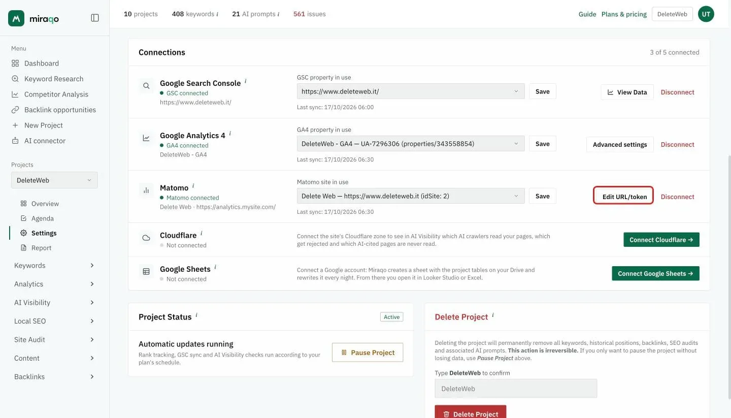 The Connections card with Google Analytics 4 and Matomo both connected: in the Matomo row the highlighted Edit URL/token button, next to the Matomo site in use menu with Save and the last sync date
