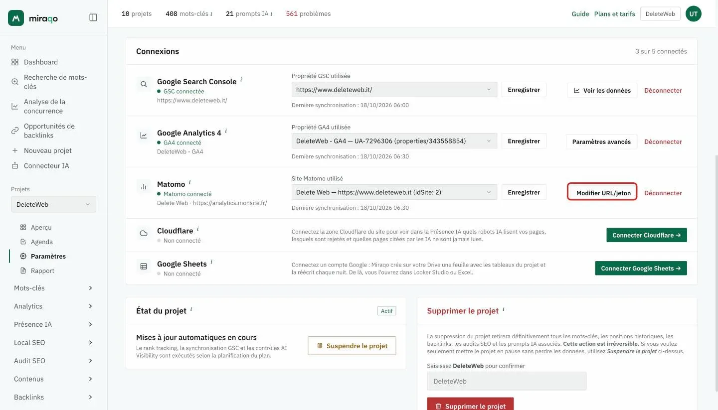 La carte Connexions avec Google Analytics 4 et Matomo tous deux connectés : dans la ligne Matomo le bouton Modifier URL/jeton mis en valeur, à côté le menu Site Matomo utilisé avec Enregistrer et la date de la dernière synchronisation