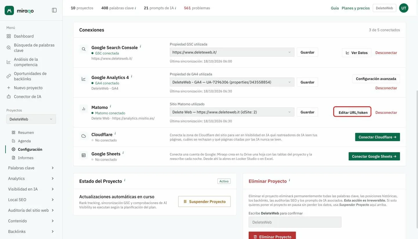 La tarjeta Conexiones con Google Analytics 4 y Matomo conectados: en la fila Matomo el botón Editar URL/token resaltado, al lado el menú Sitio Matomo utilizado con Guardar y la fecha de la última sincronización