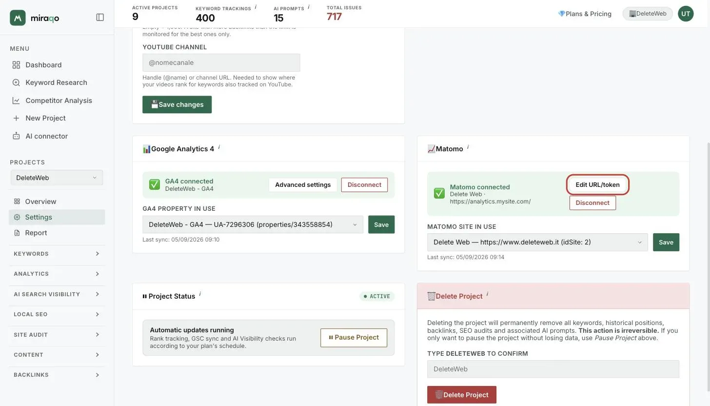 The Google Analytics 4 and Matomo cards both connected in Settings → General: in the Matomo card the highlighted Edit URL/token button, below the Matomo site used dropdown with Save and the last sync date