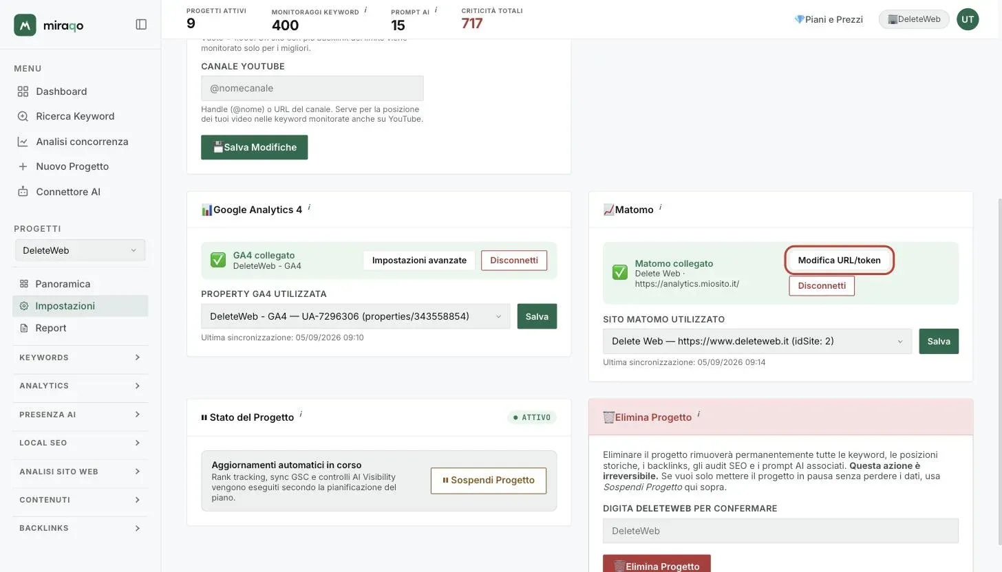 Le card Google Analytics 4 e Matomo entrambe collegate in Impostazioni → Generale: nella card Matomo il bottone Modifica URL/token evidenziato, sotto il dropdown Sito Matomo utilizzato con Salva e la data dell’ultima sincronizzazione