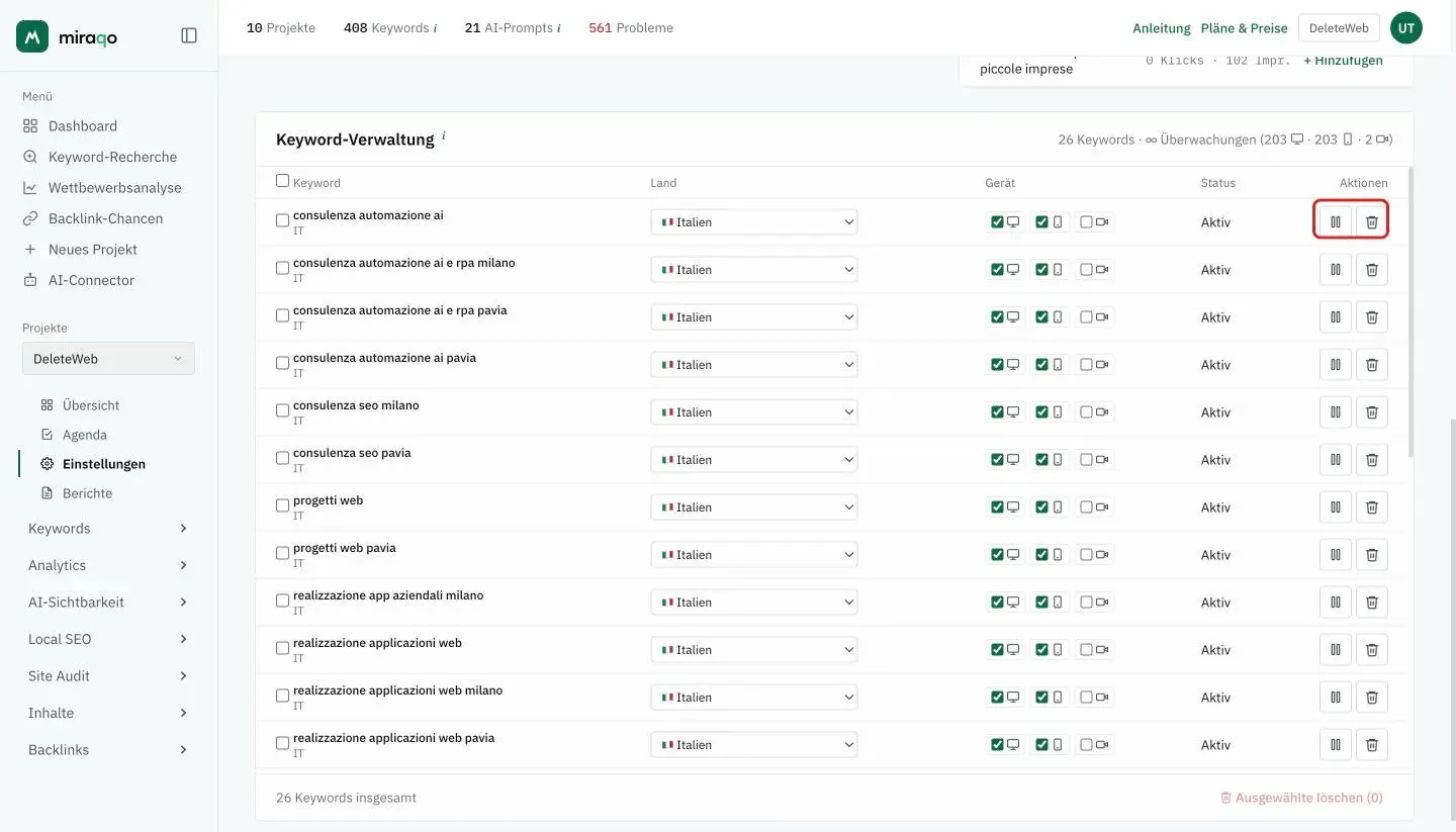 Die Tabelle Keyword-Verwaltung in Einstellungen → Keywords: für jede Zeile das Land in einem Dropdown-Menü, die Geräte, der Status und die Aktionen Deaktivieren und Löschen