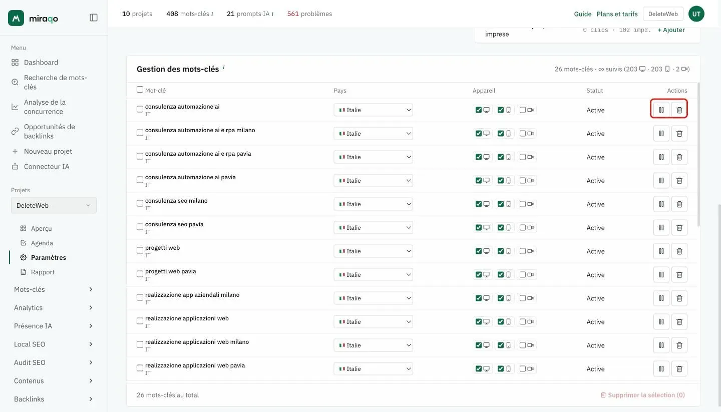 Le tableau Gestion des mots-clés dans Paramètres → Mots-clés : pour chaque ligne, le pays dans un menu déroulant, les appareils, le statut et les actions Désactiver et Supprimer