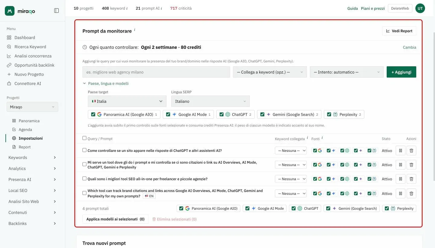 Il tab Prompt AI delle Impostazioni, card Prompt da Monitorare evidenziata: in cima la riga Ogni quanto controllare, poi il form con il campo del prompt, la keyword da collegare e l’intento, la sezione aperta Paese, lingua e modelli con Paese target, Lingua SERP e i cinque modelli con il peso in crediti; sotto la tabella dei prompt con le fonti, lo stato e le azioni