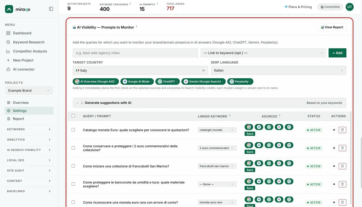 The Prompts to monitor card in the Prompt AI tab: at the top, the form with the prompt field, the keyword to link, Target country, Search language and the five models with their credit weight; below, the prompts table with the source toggles, Save, status and actions