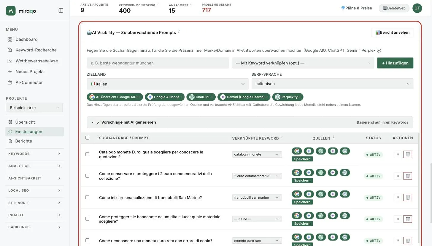 Der Tab Prompt AI der Einstellungen, hervorgehobene Karte Zu überwachende Prompts: oben das Formular mit dem Prompt-Feld, der zu verknüpfenden Keyword, Zielland, SERP-Sprache und den fünf Modellen mit dem Gewicht in Credits; darunter die Tabelle der Prompts mit den Quellen-Toggles, dem Button Speichern, dem Status und den Aktionen