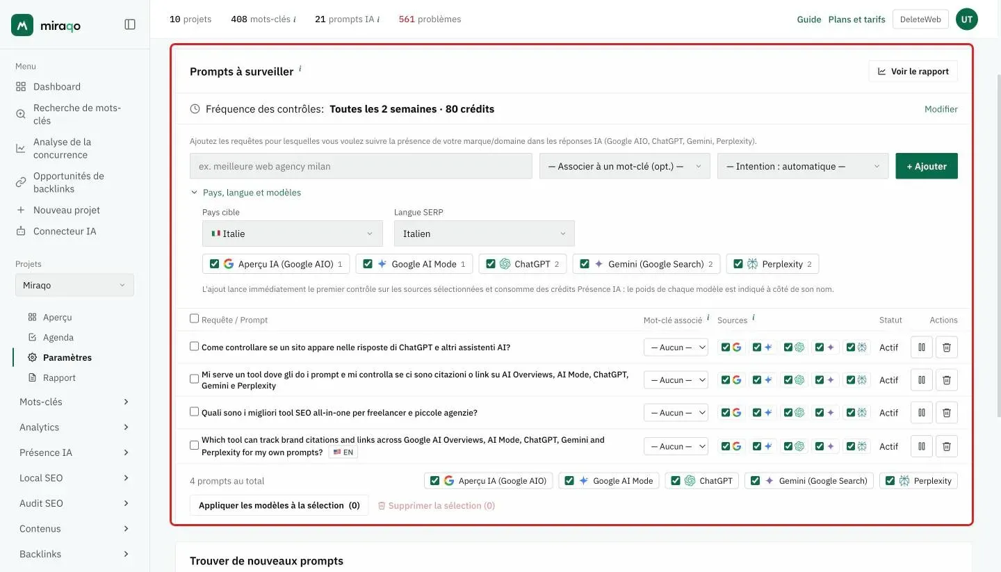 L’onglet Prompts IA des Paramètres, carte Prompts à suivre mise en valeur : en tête la ligne Fréquence des contrôles, puis le formulaire avec le champ du prompt, le mot-clé à relier et l’intention, la section ouverte Pays, langue et modèles avec Pays cible, Langue SERP et les cinq modèles avec leur poids en crédits ; dessous le tableau des prompts avec les sources, le statut et les actions