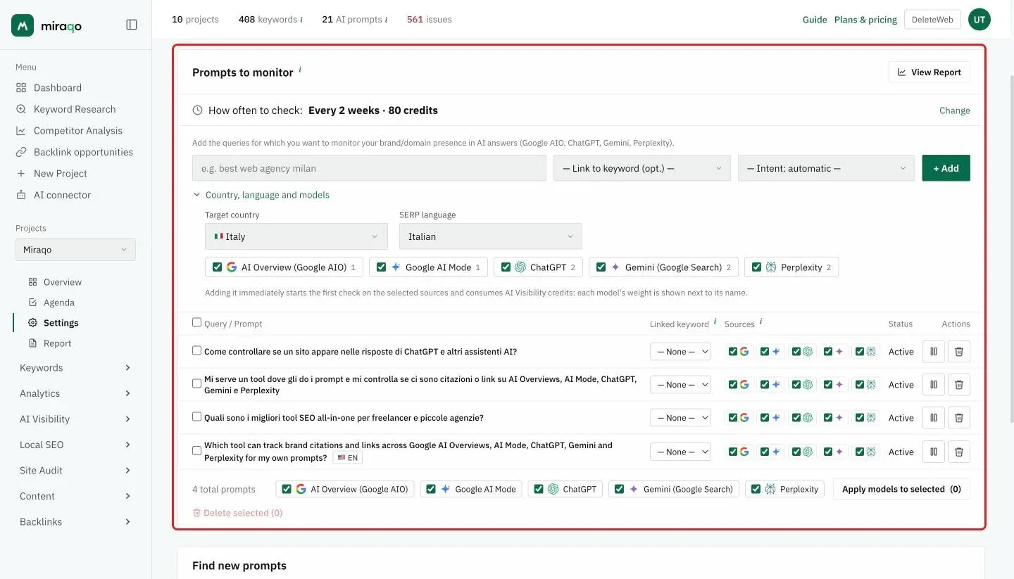 The AI Prompts tab in Settings, Prompts to Monitor card highlighted: at the top the How often to check row, then the form with the prompt field, the keyword to link and the intent, the open Country, language and models section with Target country, Search language and the five models with their credit weight; below, the table of prompts with sources, status and actions