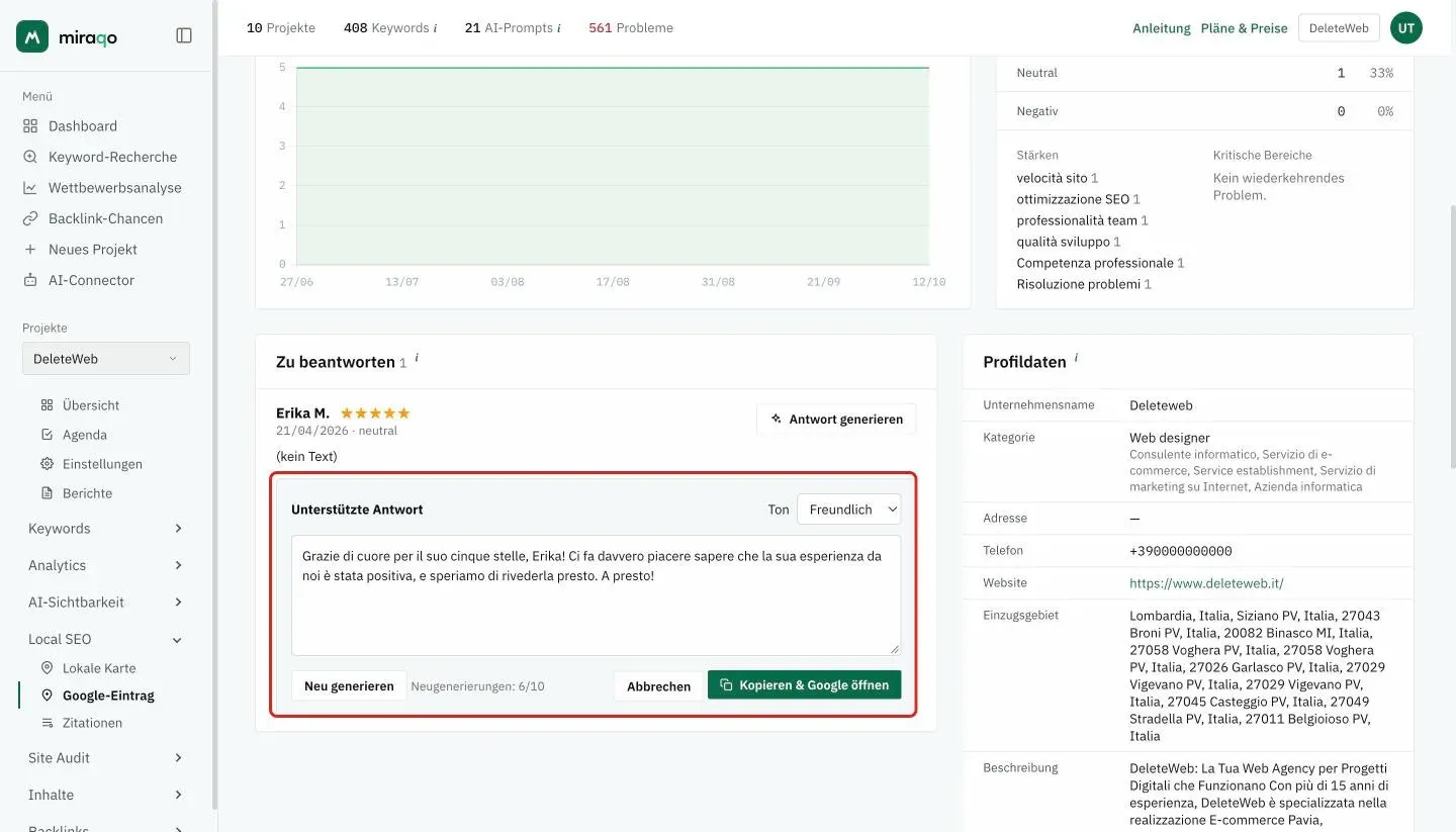 Der hervorgehobene Bereich Unterstützte Antwort unter der Rezension: der Selektor Ton, der generierte Entwurf, der Button Neu generieren mit dem Zähler Neugenerierungen und die Buttons Abbrechen und Kopieren und Google öffnen