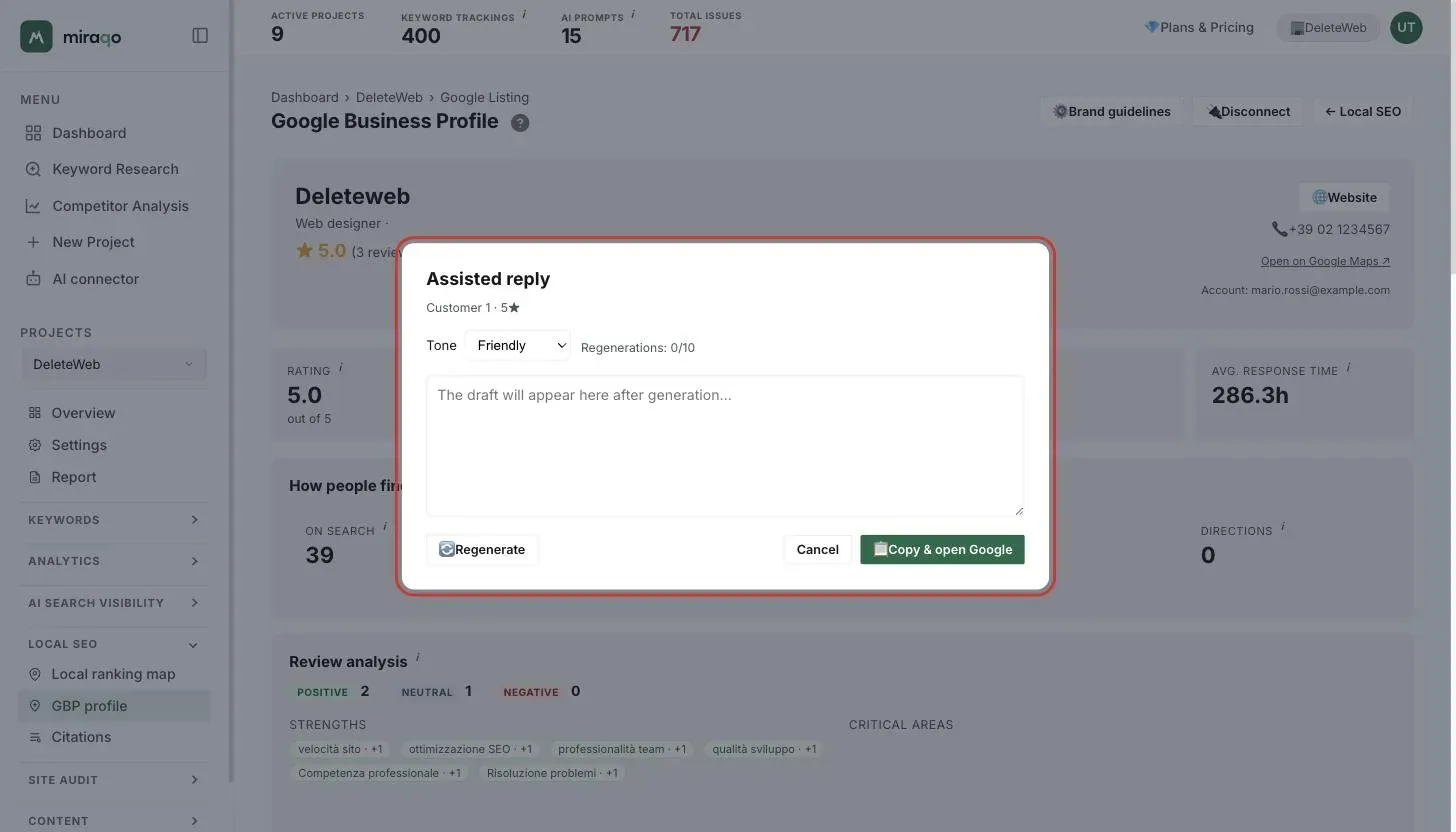 The Assisted reply modal, highlighted: the review with stars, the Tone selector, the Regenerations counter, the draft area and the Regenerate, Cancel and Copy and open Google buttons