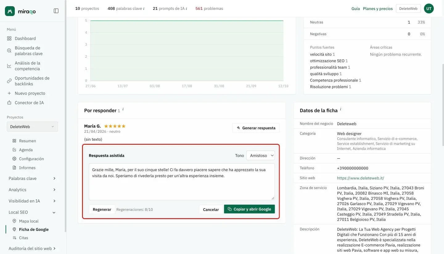El panel Respuesta asistida, resaltado debajo de la reseña: el selector Tono, el borrador generado, el botón Regenerar con el contador Regeneraciones y los botones Cancelar y Copiar y abrir Google