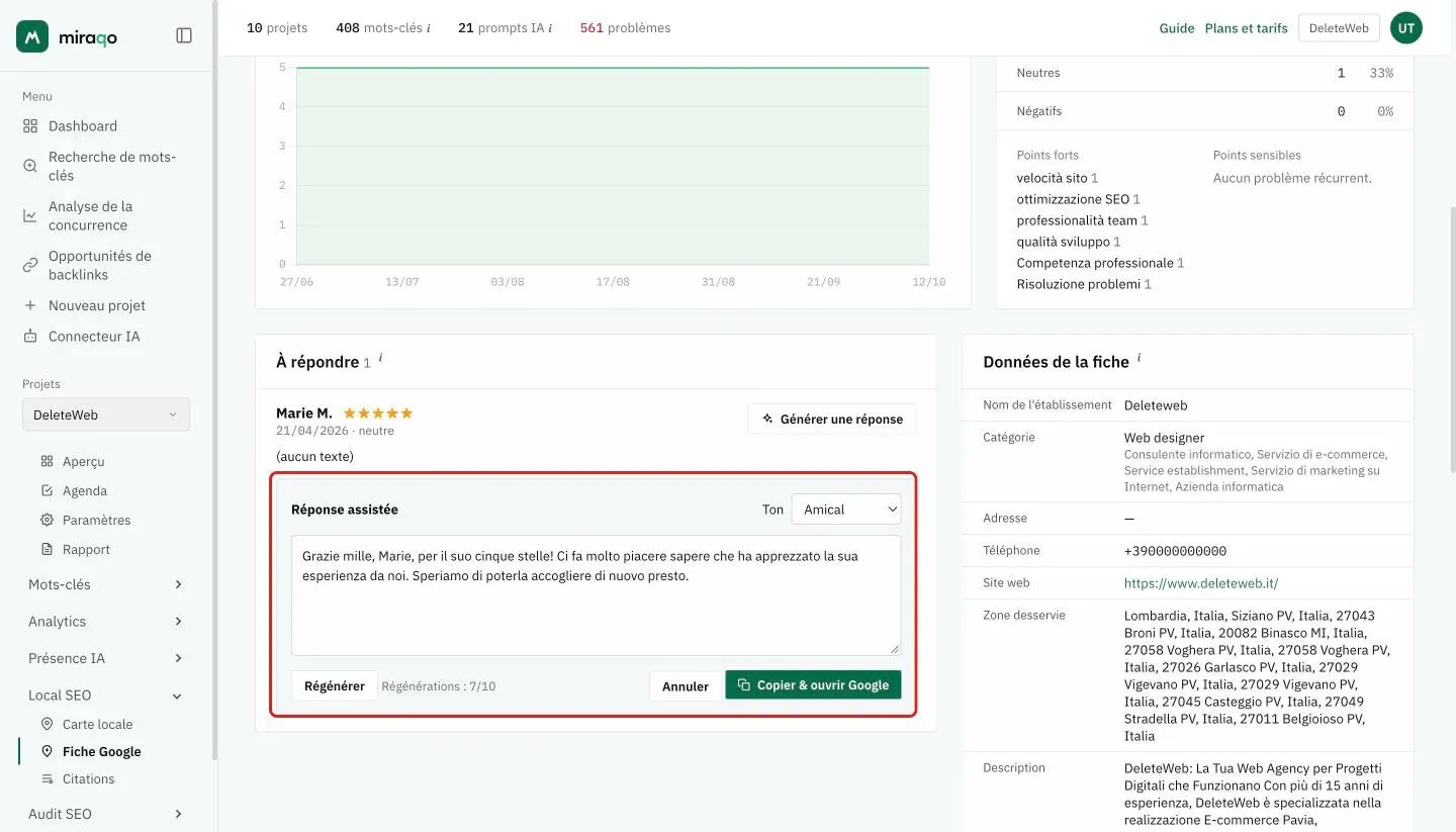 Le panneau Réponse assistée mis en évidence sous l’avis : le sélecteur Ton, le brouillon généré, le bouton Régénérer avec le compteur Régénérations et les boutons Annuler et Copier et ouvrir Google