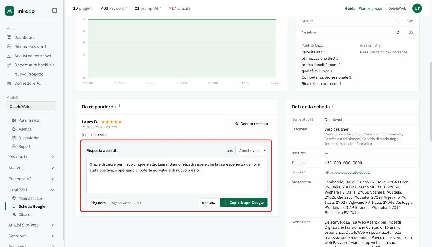 Il riquadro Risposta assistita evidenziato sotto la recensione: selettore Tono, la bozza generata, il pulsante Rigenera con il contatore Rigenerazioni e i pulsanti Annulla e Copia e apri Google
