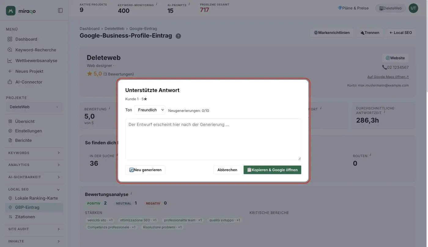 Das hervorgehobene Modal Assistierte Antwort: die Rezension mit Sternen, der Ton-Selektor, der Zähler Regenerierungen, das Entwurfsfeld und die Buttons Neu generieren, Abbrechen und Kopieren und Google öffnen