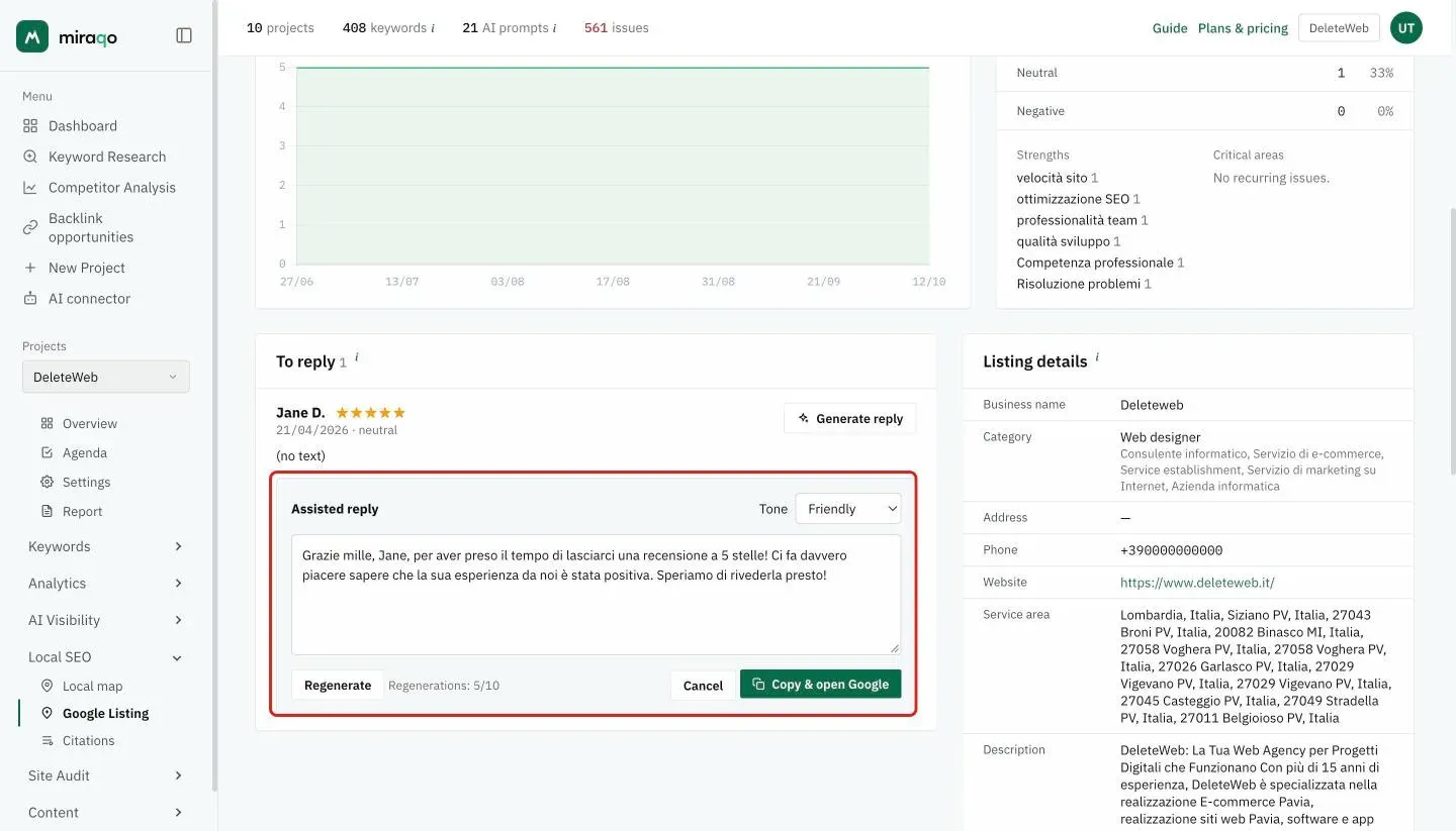 The Assisted reply panel, highlighted below the review: the Tone selector, the generated draft, the Regenerate button with the Regenerations counter and the Cancel and Copy and open Google buttons