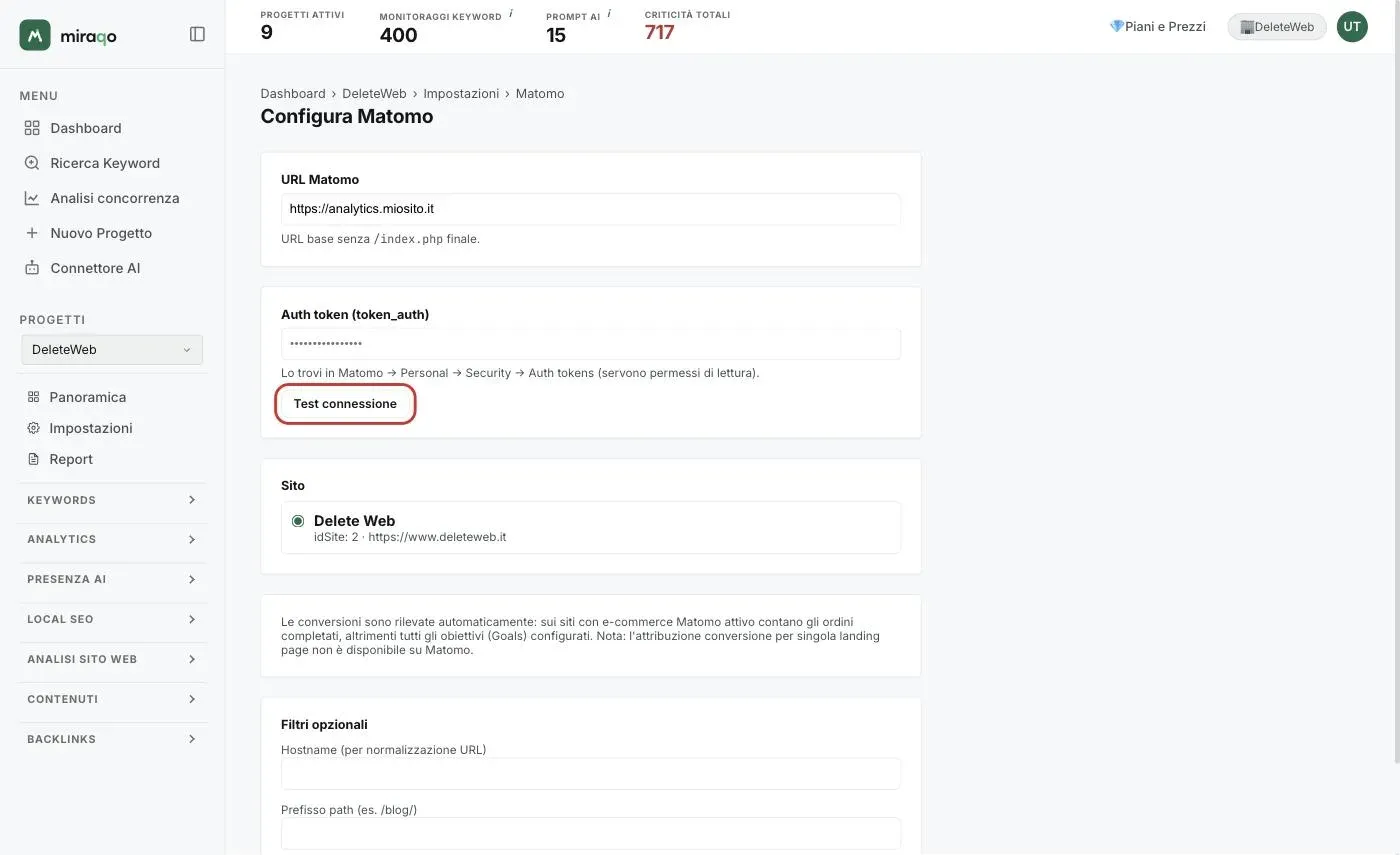 Il form Configura Matomo: campi URL Matomo e Auth token, bottone Test connessione evidenziato, sotto la scelta del sito e i Filtri opzionali