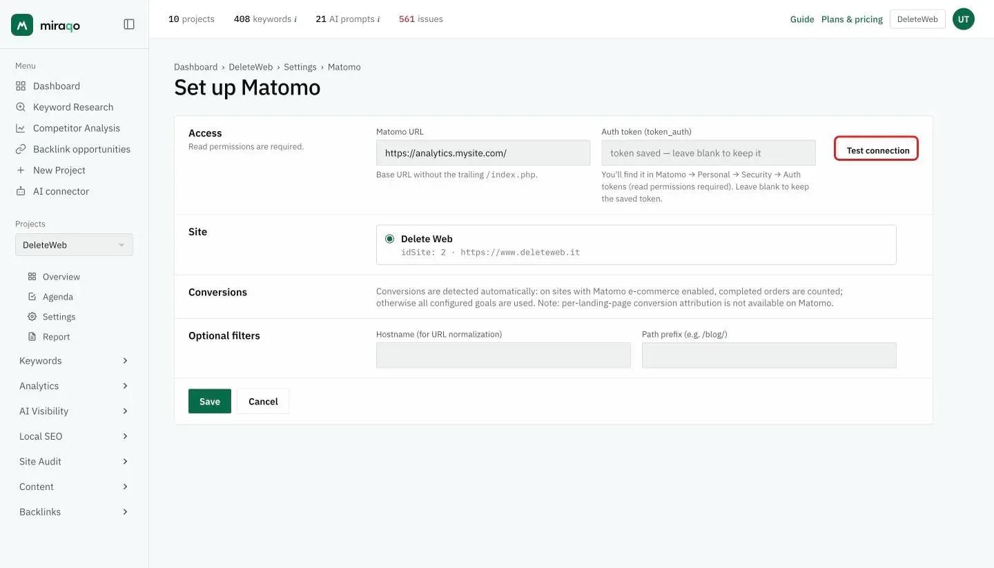 The Configure Matomo form: in the Access row the Matomo URL and Auth token fields with the highlighted Test connection button, below the Site, Conversions and optional Filters rows