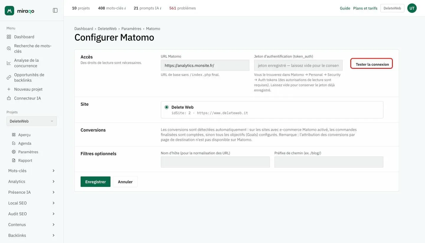 Le formulaire Configurer Matomo : dans la ligne Accès, les champs URL Matomo et token d’authentification avec le bouton Tester la connexion mis en valeur, dessous les lignes Site, Conversions et Filtres optionnels