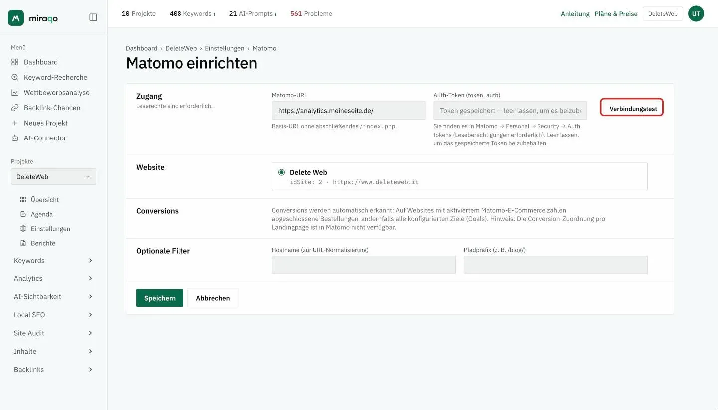 Das Formular Matomo einrichten: in der Zeile Zugang die Felder Matomo-URL und Auth-Token mit dem hervorgehobenen Button Verbindungstest, darunter die Zeilen Website, Conversions und Optionale Filter