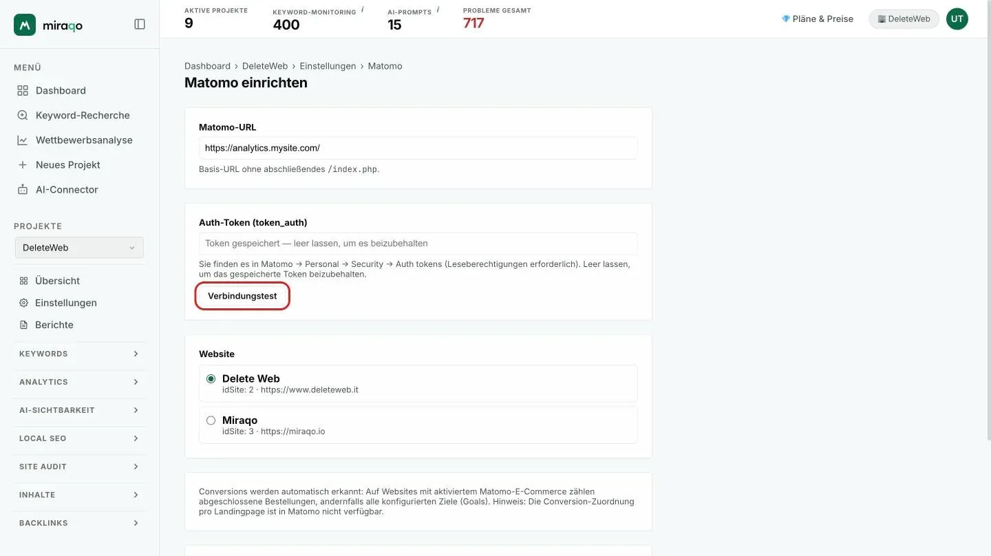 Das Formular Matomo konfigurieren: die Felder Matomo-URL und Auth-Token, der hervorgehobene Button Verbindung testen, darunter die Wahl der Website und die optionalen Filter