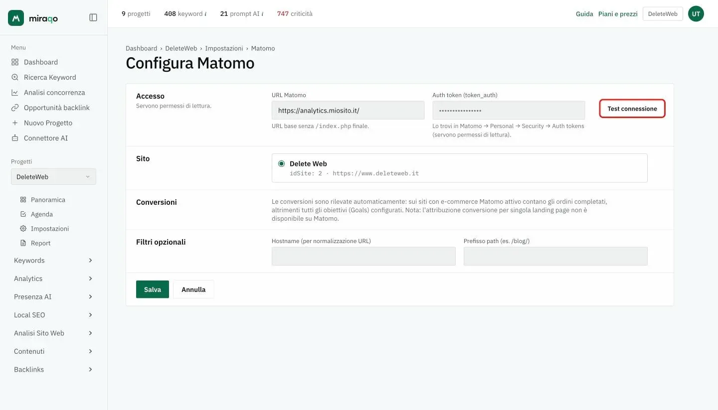 Il form Configura Matomo: nella riga Accesso i campi URL Matomo e Auth token con il bottone Test connessione evidenziato, sotto le righe Sito, Conversioni e Filtri opzionali