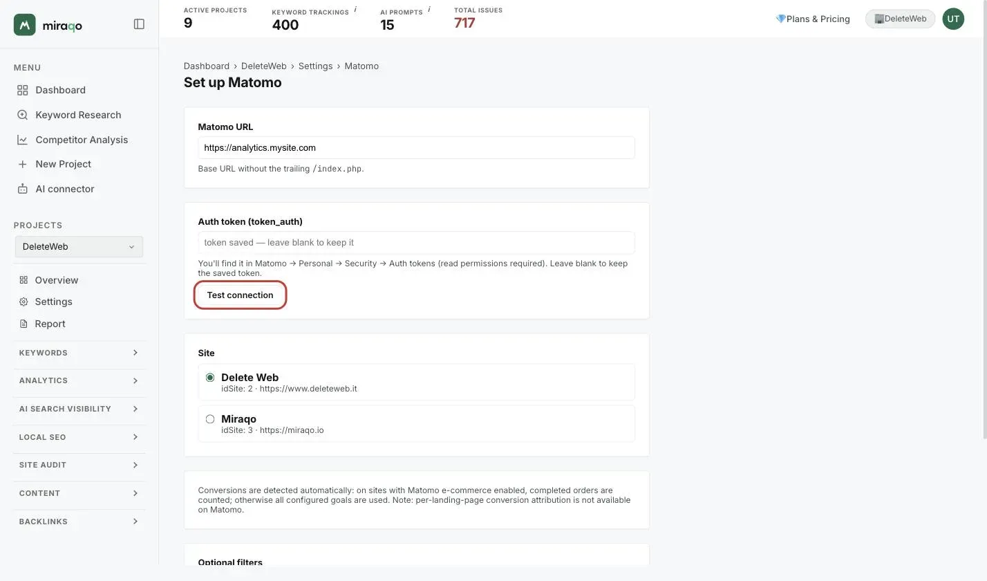 The Configure Matomo form: the Matomo URL and Auth token fields, the highlighted Test connection button, below the site selection and the optional filters