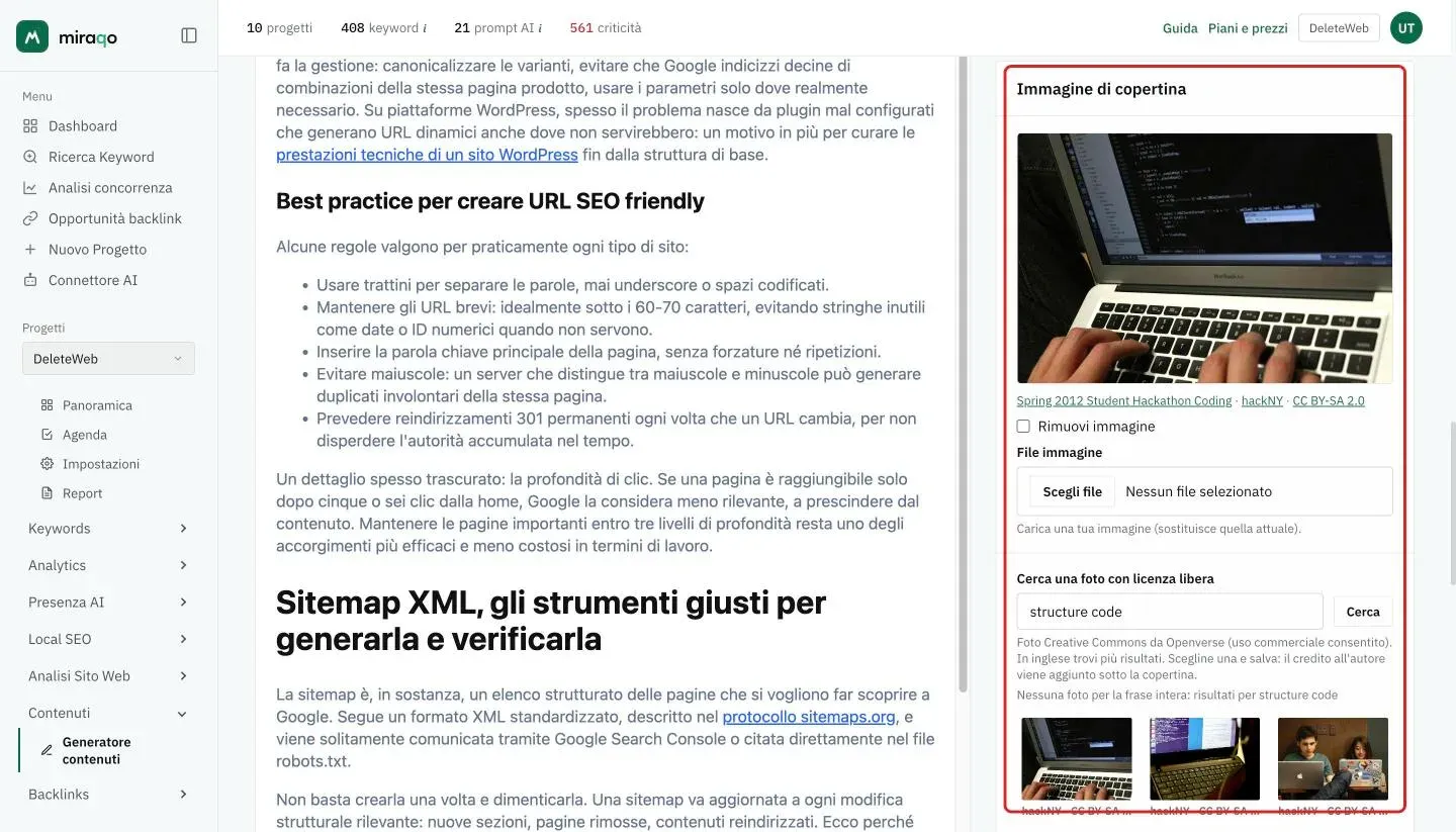 La card Immagine di copertina evidenziata: la foto scelta con sotto titolo, autore e licenza CC BY-SA 2.0, la casella Rimuovi immagine, il campo File immagine per caricare una tua immagine, il campo Cerca una foto con licenza libera con il pulsante Cerca, l’avviso che la frase intera non ha dato risultati e le prime anteprime Openverse con autore e licenza