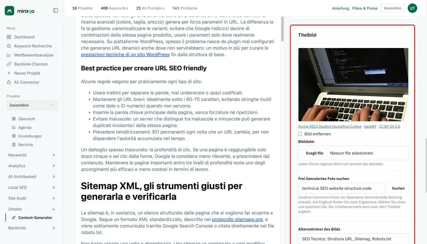 Die hervorgehobene Karte Titelbild: das gewählte Foto mit Titel, Autor und Lizenz CC BY-SA 2.0 darunter, das Kästchen Bild entfernen, das Feld Bilddatei zum Hochladen eines eigenen Bilds, das Feld Frei lizenziertes Foto suchen mit seiner Suchanfrage und dem Button Suchen, und das Feld Alternativtext des Bilds