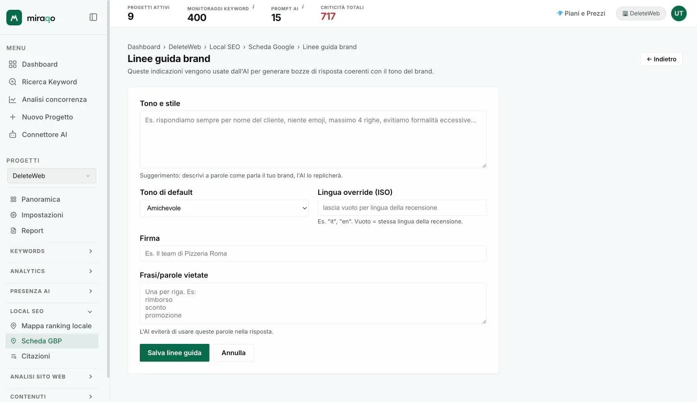 La pagina Linee guida brand con il form evidenziato: Tono e stile, Tono di default, Lingua override, Firma, Frasi/parole vietate e il bottone Salva linee guida