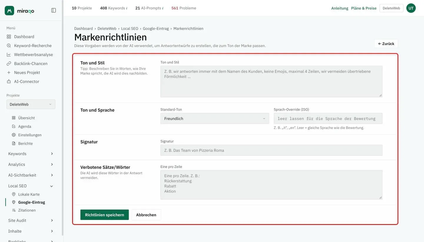 Die Seite Markenrichtlinien mit dem hervorgehobenen Formular: Ton und Stil, Ton und Sprache mit Standard-Ton und Sprach-Override, Signatur, Verbotene Sätze/Wörter und der Button Richtlinien speichern