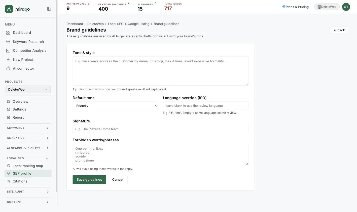 The Brand guidelines page with the form, highlighted: Tone and style, Default tone, Language override, Signature, Forbidden phrases/words and the Save guidelines button