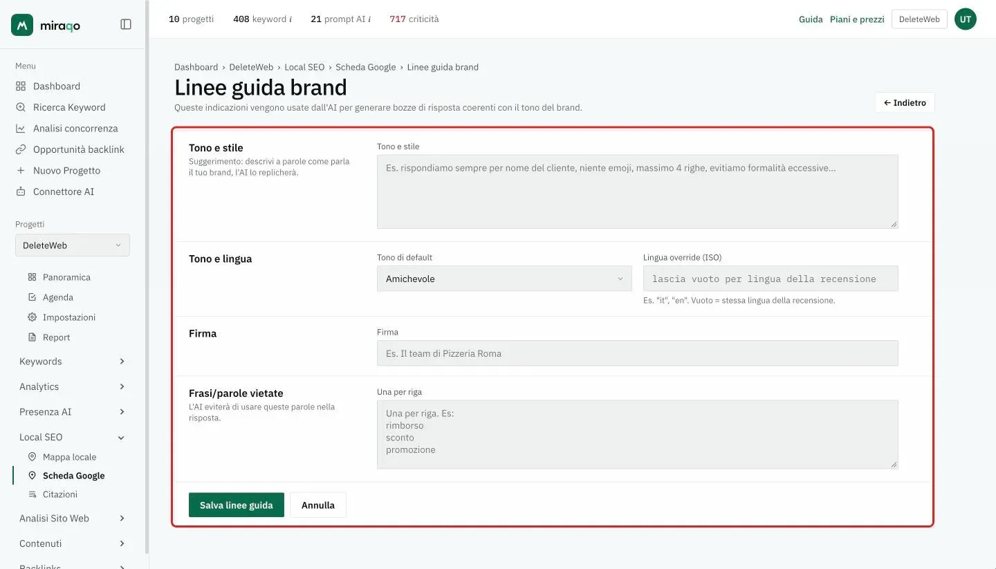 La pagina Linee guida brand con il form evidenziato: Tono e stile, Tono e lingua con Tono di default e Lingua override, Firma, Frasi/parole vietate e il pulsante Salva linee guida