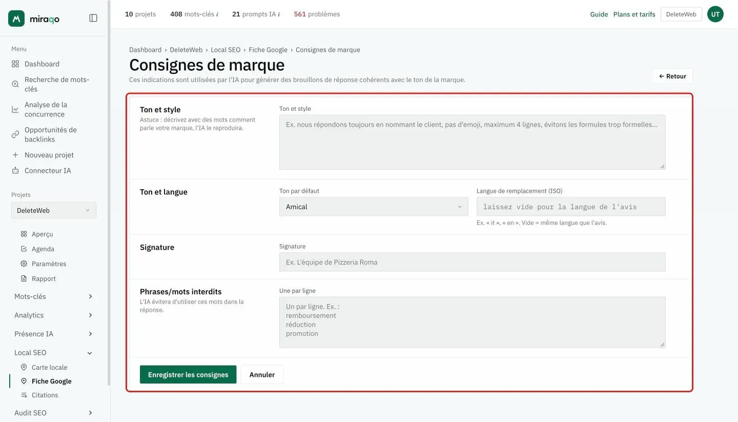 La page Consignes de marque avec le formulaire mis en évidence : Ton et style, Ton et langue avec Ton par défaut et Langue de remplacement, Signature, Phrases/mots interdits et le bouton Enregistrer les consignes