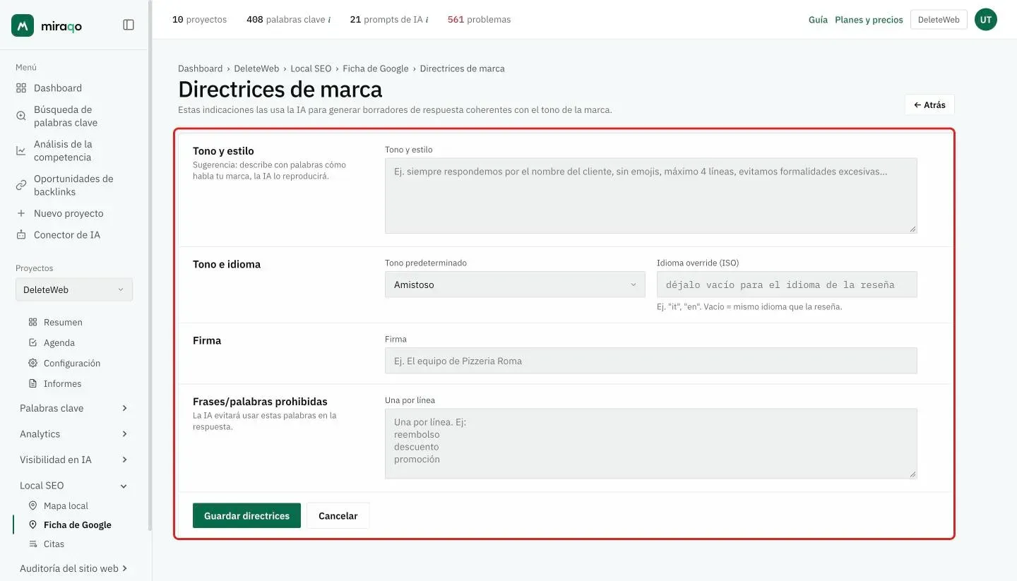La página Directrices de marca con el formulario, resaltado: Tono y estilo, Tono e idioma con Tono predeterminado y Anulación de idioma, Firma, Frases/palabras prohibidas y el botón Guardar directrices