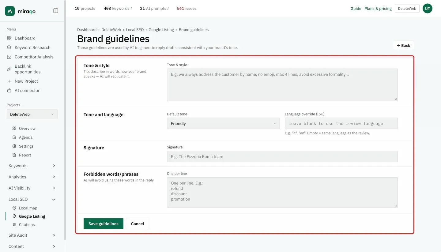 The Brand guidelines page with the form, highlighted: Tone and style, Tone and language with Default tone and Language override, Signature, Forbidden words/phrases and the Save guidelines button