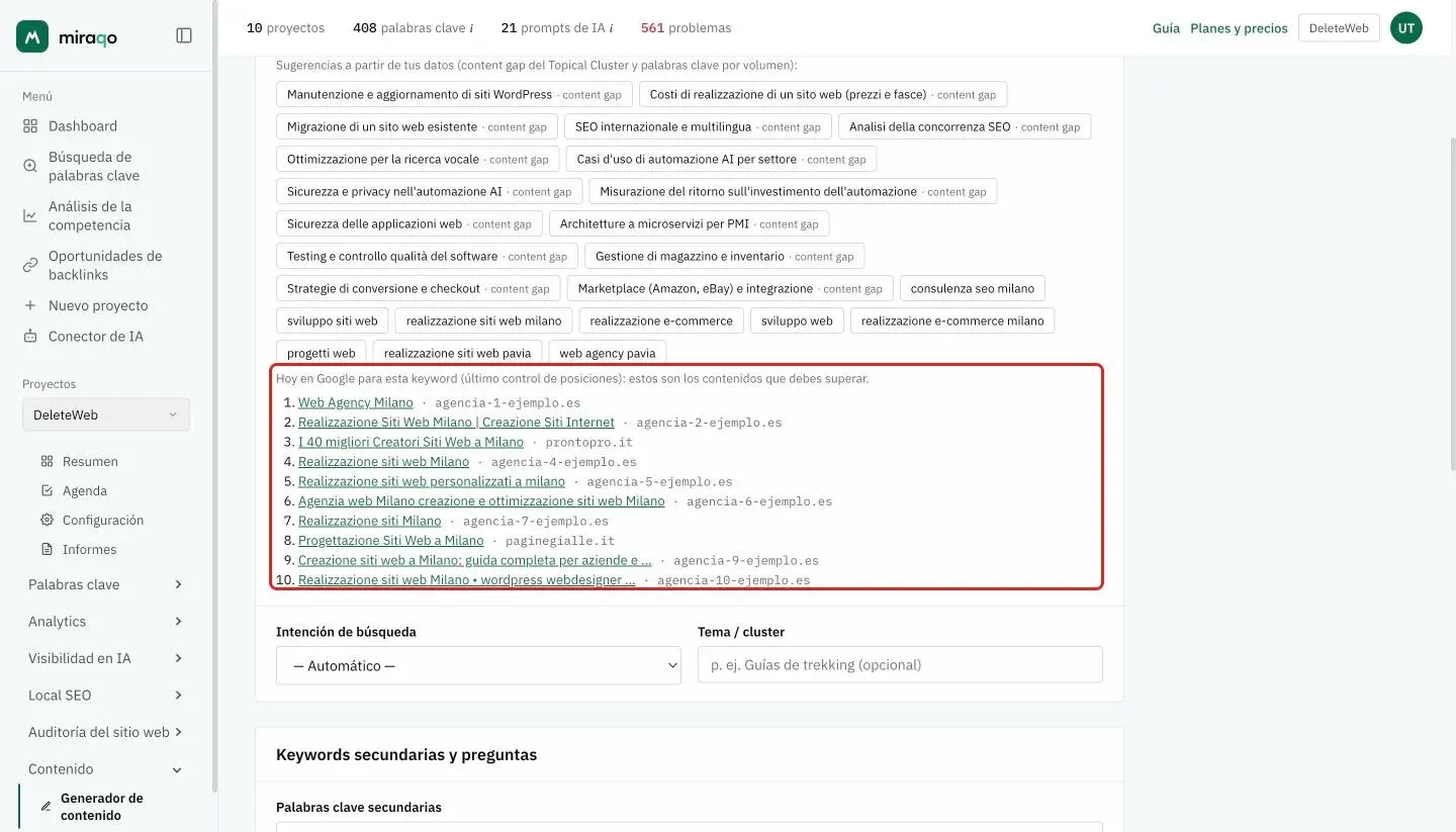La lista Hoy en Google resaltada bajo las sugerencias de la Palabra clave principal: los 10 primeros resultados del último control de posiciones, cada uno con título y dominio, y debajo los campos Intención de búsqueda y Tema / cluster