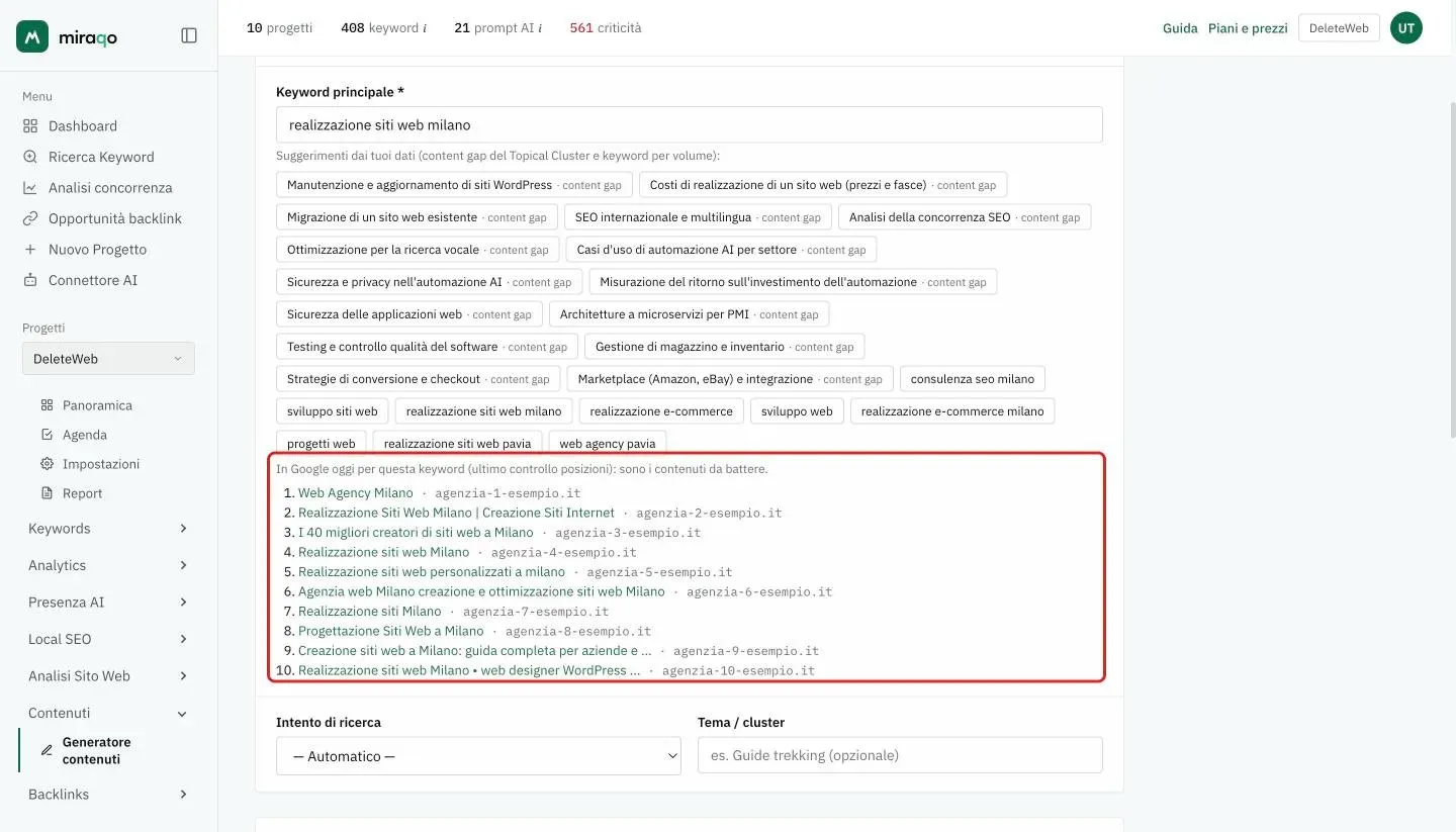 L’elenco In Google oggi evidenziato sotto i suggerimenti della Keyword principale: i primi 10 risultati dell’ultimo controllo posizioni, ciascuno con titolo e dominio, e sotto i campi Intento di ricerca e Tema / cluster